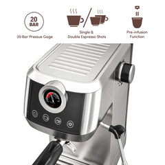 Wirsh 20 Bar Espresso Machine | Home Barista Plus with Pressure Gauge & Steam Wand